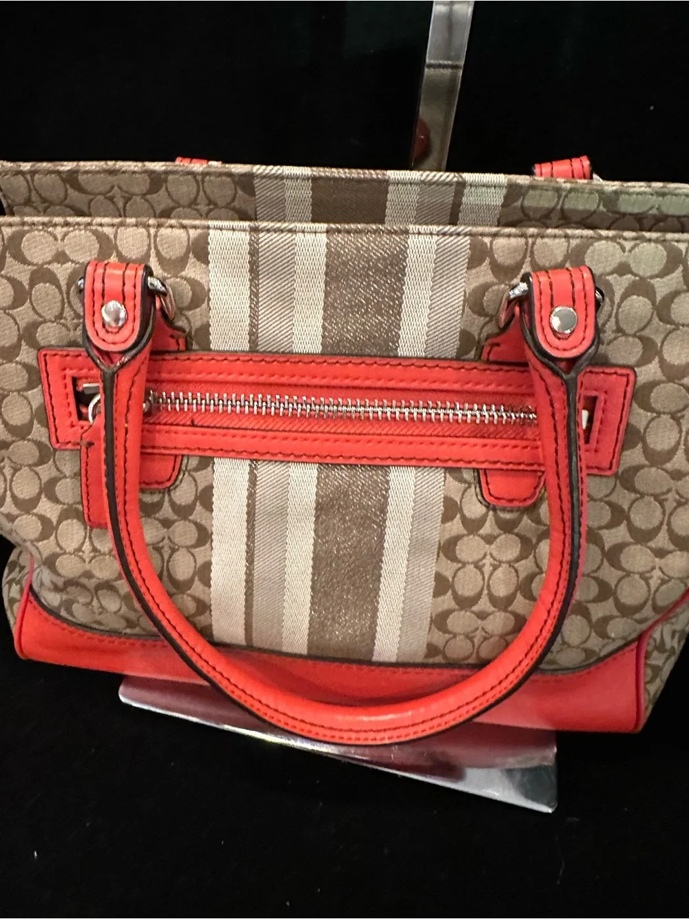Coach Cadence Legacy Signature Carryall Canvas Tote with Coral Red Leather Trim - Picture 8 of 15